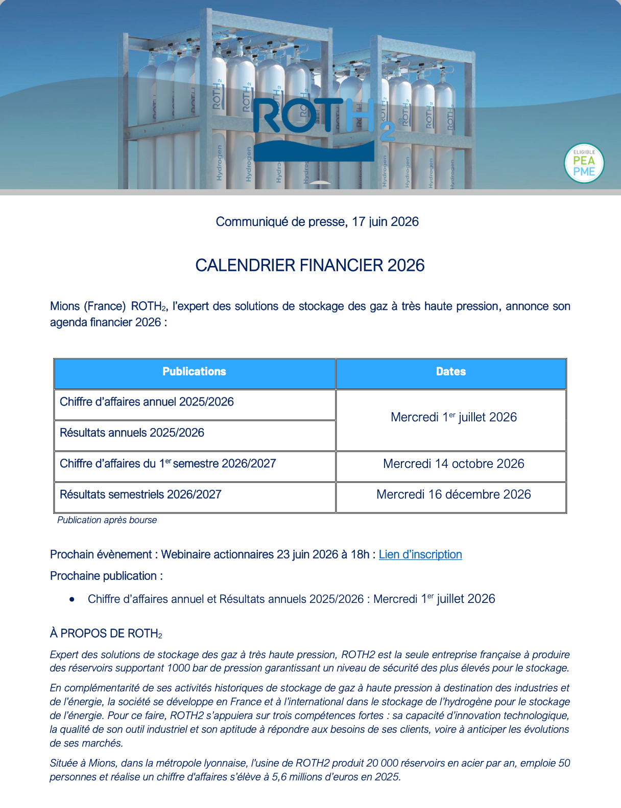 calendrier financier 2026